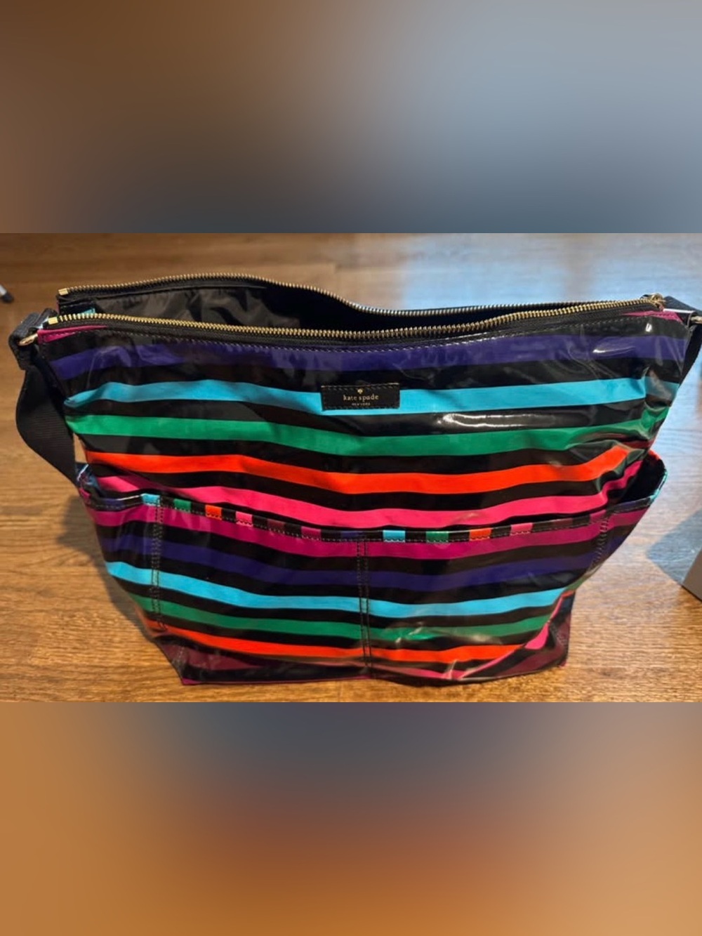 kate spade Black Tote with Bright Multicolor Stripes